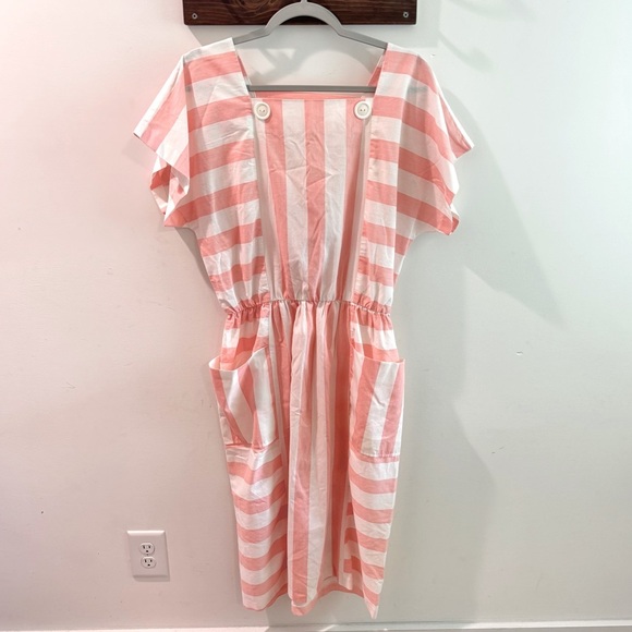 Vintage 60s/70s HHR Pink White Candy Stripe Short Sleeve Midi Dress Size 16 - Picture 1 of 6